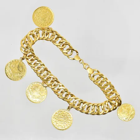 Armband med myntliknande detaljer, längd 20cm, länkens bredd 10mm, 21K. Vikt: 25,5 g