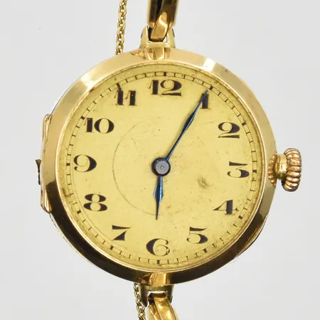 Damur 14K med länk 14K, manuell, Ø25mm, boettnr 520308, defekt krona/går ej att ställa tid, defekt bakboett, saknar glas, bruttovikt 17,8g.