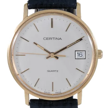 Herrur Certina 14K med läderband. Boett Ø 33,5 mm med minnesgravyr. Quartz- går ej- batteribyte krävs?