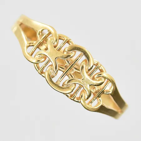 Ring X-länk med stav stl:19, bredd 2-7mm, 18K. Vikt: 1,9 g