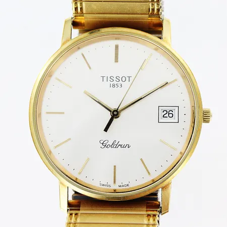 Herrur Tissot Goldsrun Ø34mm, quartz, flexilänk i metall, gravyr, 14K i boett.