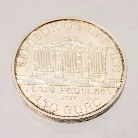 Mynt i silver, Wiener Philharmoniker 1,5 Euro, 999/1000, 31,13g.