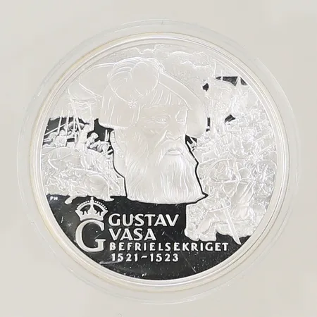 Silvermynt "Gustav Vasa Befrielsekriget 1521-1523" Kungariket Sverige, Ø 36mm, bredd 3mm, i plastetui, Silver 925/1000, 27,2g Vikt: 27,2 g