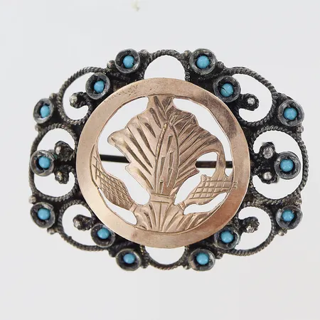 Brosch med turkosa stenar 35x30mm, otydlig stämpel, silver Vikt: 5,3 g