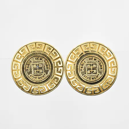 Örhängen vintage Givenchy Logo Greek Key Paris/New York, Ø23mm, gulmetall, stoppar saknas, inga tillbehör.