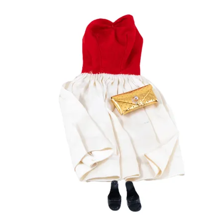 Barbie kläder "Silken Flame" med guldfärgad handväska och svarta skor. Stock no. 977. Guldfärgat bälte saknas, något gulnad kjol.