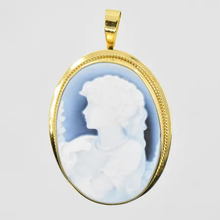 Hänge/brosch med kamé, längd 32mm, bredd 21mm, 18K. Vikt: 4,6 g