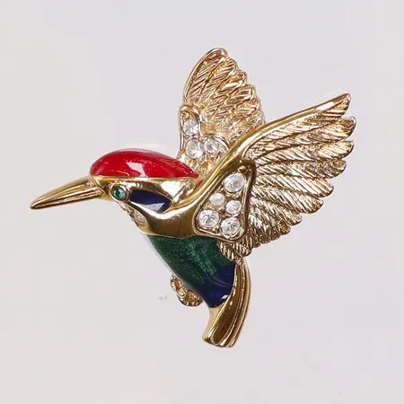 Brosch Kolibri i gulmetall A&S (Attwood & Sawyer) med stenar och emalj 35x32mm 1900-tal med låda 