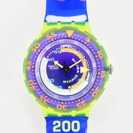 Herrur Swatch Scuba Diver 200 Ø ca 38mm plast quartz gummiband batteribyte krävs plastetui 