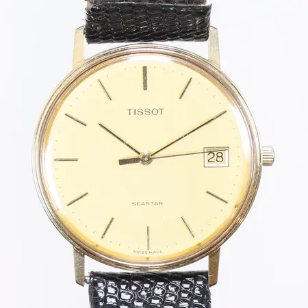 Herrur Tissot Seastar, Ø34mm, quartz, datum, 14K i boett, defekt band Vikt: 27,4 g