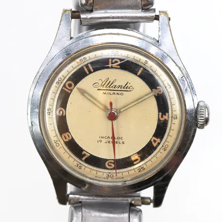 Herrur Atlantic Milano Incabloc 17 jewels, manuell, Ø ca 36mm, stål, repigt plexiglas, missfärgning på tavlan, med flexiband i stål, inga tillbehör.