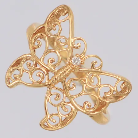 Ring fjäril, briljantslipad diamant ca 0,01ct, stl 16, bredd 17,4mm, GHA, 18K  Vikt: 2,2 g