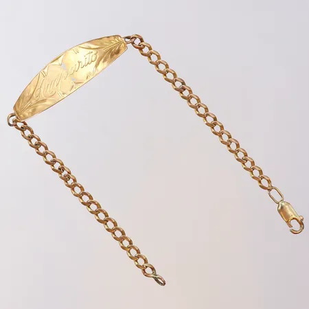 Armband med namnbricka längd 19cm bredd 4-14mm något skev, löd lås 14K Vikt: 7,5 g