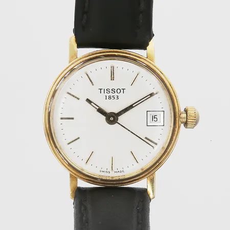 Damur Tissot Monocoque 18K, quartz, Ø22mm, datum, läderarmband, gravyr, inga tillbehör.