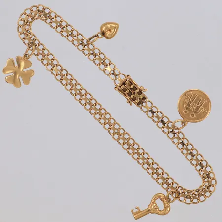 Armband X-länk med 4 berlocker, längd ca 20cm, bredd 5mm, bucklig berlock, 18K Vikt: 8,3 g