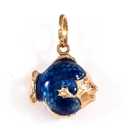 Hänge fisk med blå emalj bredd 13mm längd inkl ögla 19mm, 18K 1,4g. 
