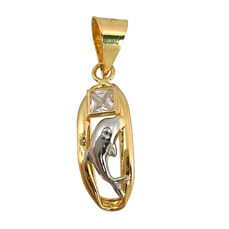 Hänge i 18K guld med vit sten, tvåfärgad modell med delfin, Guldfynd (GHA), längd inkl. ögla 22 mm, bredd 6 mm Vikt: 0,5 g