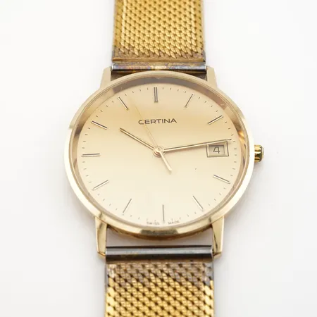Herrur Certina, quartz, 33mm, 14k, gravyr bakboett, batteribyte krävs