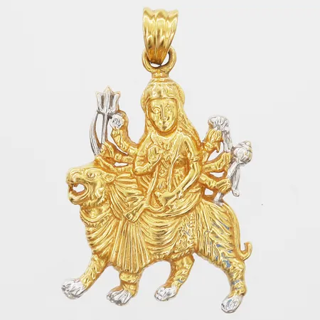 Hänge i form av Shiva ridande på en tiger, höjd 35 mm, bredd 25mm, 22K guld, vikt 10,1gram Vikt: 10,1 g