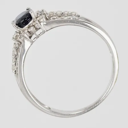 Ring med mörkblå safir ca 0,75ct samt briljantslipade diamanter totalt ca 0,35ct stl: 17¼, 9K vitguld Vikt: 3,1 g