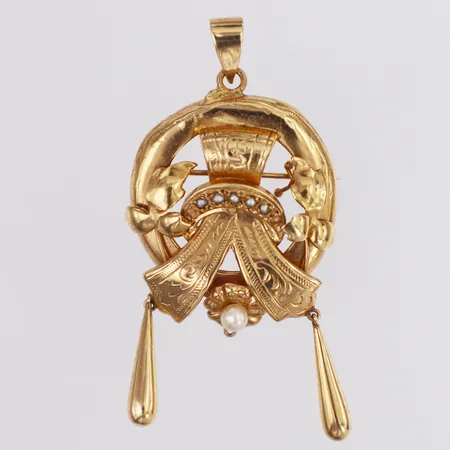 Hänge/Brosch mönsterdekor pärlor längd inkl ögla ca 6cm bredd 30mm, ABJ 18K Vikt: 6,9 g