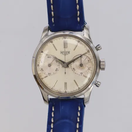 Herrur Heuer Pre-Carrera, Ø33,9mm, stål, manuell, kronograf, valjoux 23, verknr 413473, boettnr 19994, lätt repigt plexiglas, smuts i urtavla, lysmassa saknas, repor, blått läderband ej original, inga tillbehör
