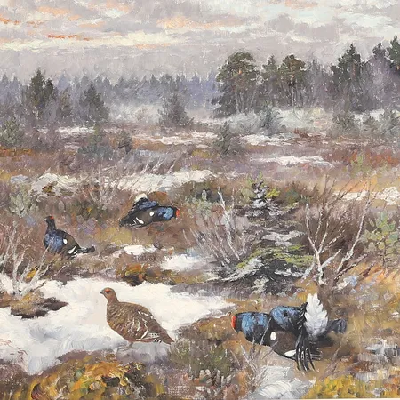 Tavla Johannes Ravn, olja på duk, signerad och daterad 51, orrar i vinterlandskap, ca 50x61cm. Specialfrakt, kontakta pantbankskontoret för mer information.