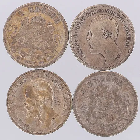 4 Mynt Oscar II 1877-1898 nominellt värde 2kr, silver 800/1000 Vikt: 58,5 g