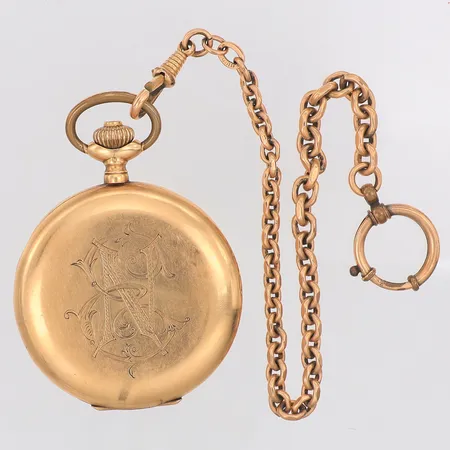 Fickur savonett 14K innerboett i metall manuell Ø48,5mm, gravyr, kedja metall, bruttovikt utan kedjan 104,7g