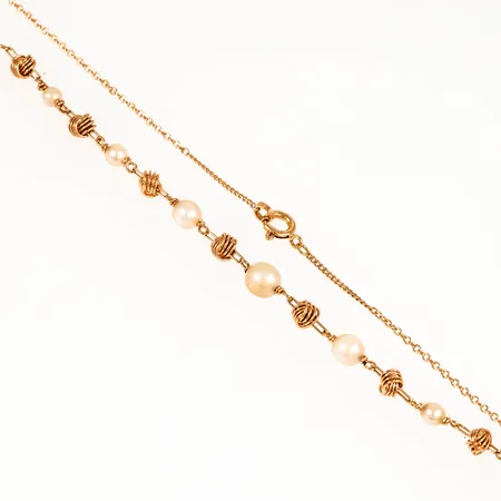 Collier med sju odlade pärlor Ø3,5-5,5mm längd 45cm bredd 1,1-5,5mm, slitage pärlor, förlängning med annan länk, 18K 4,9g. 