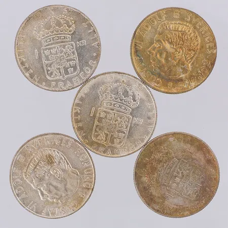 5 mynt Gustaf VI Adolf nominellt värde 1kr, silver 400/1000 Vikt: 34,9 g