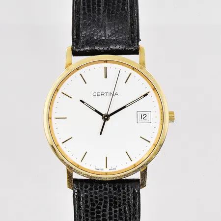 Herrur Certina Ø 33,5mm 18K datum quartz batteribyte behövs graverad boett läderband 