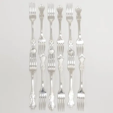 12 Smörgåsgafflar modell: Olga, längd: 143mm, C.G Hallbergs Guldsmeds Ab, Stockholm, 1946, mindre repor, silver 830/1000 Vikt: 300,2 g