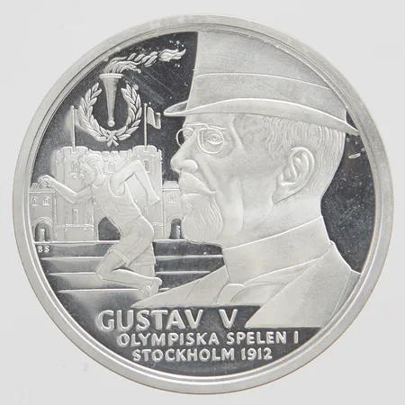 Minnesmedalj Gustav V, Olympiska Spelen i Stockholm 1912, Kungariket Sverige, Ø35,8mm, något skadat plastetui, silver 925/1000 Vikt: 27,2 g