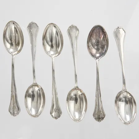 6 Teskedar modell: Viktoria, längd: 120mm, C G Hallbergs Guldsmeds Ab, Stockholm, 1948, monogramgravyr, missfärgade, repiga, silver 830/1000 Vikt: 111,6 g