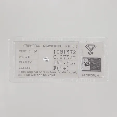 1st lös Diamant 0,27ct plomberad med IGI certifikat från 1982, nr F1G81372, Top Wesselton( F) /IF enl certifikat