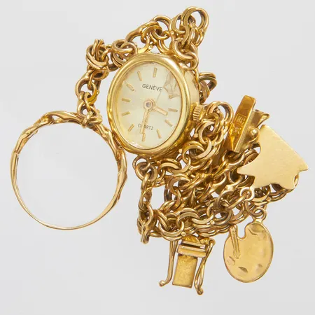 Diverse guld omarbetat defekt, damur går ej, trasigt glas, 18K, bruttovikt 21,9g Vikt: 21,9 g