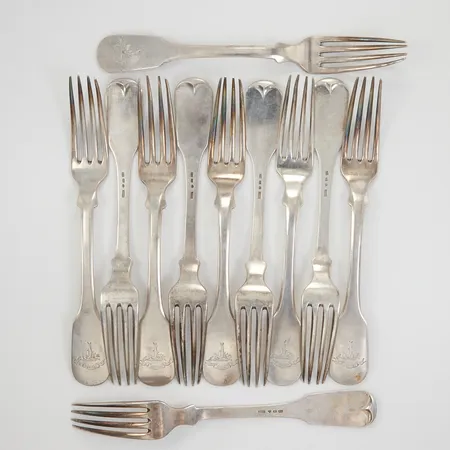 11 Matgafflar 18cm, gravyr "Veritas", LL&C Göteborg år 1880, silver Vikt: 632,5 g