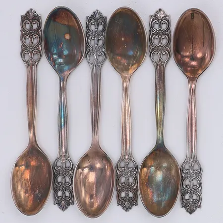 6 Kaffeskedar blommor 11cm, kattfot, silver 830/1000 Vikt: 79,3 g