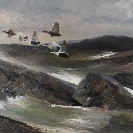 Tavla, Knut Valinder, olja på duk, signerad, fåglar över böljande vatten, ca 50x81cm, något färgbortfall. Specialfrakt, kontakta pantbankskontoret för mer information.