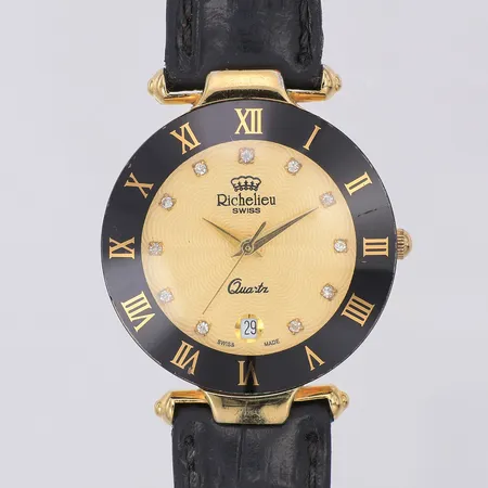 Damur Richelieu swiss F1008 stål quartz Ø33mm, datum, står still, slitet läderarmband 19,5cm, inga tillbehör
