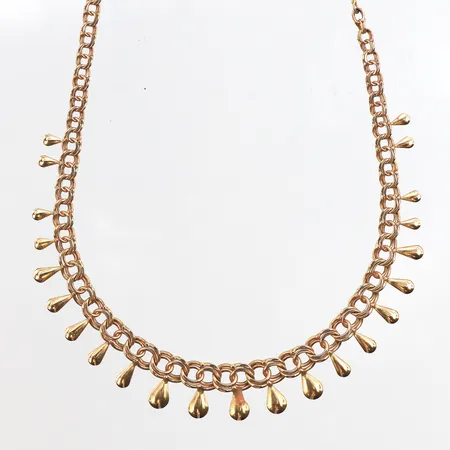 Collier Doserad Bismarck, längd ca 42cm, bredd ca 2,9-5,5mm, defekter saknar droppar, 18K. Vikt: 10,2 g