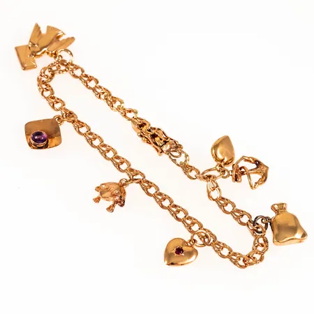 Armband Bismarck med sex berlocker: brevduva, groda, längd bredd, slitage, flera lagade länkar, 18K 8,9g. 