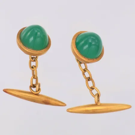 Manschettknappar grön sten längd ca 30mm, otydliga stämplar, 14K Vikt: 5,9 g
