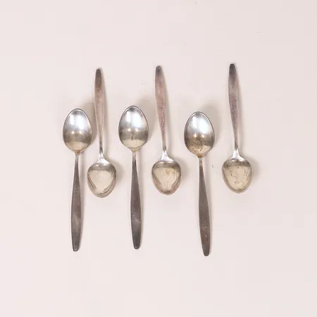 Sex kaffeskedar Georg Jensen modell Cypress, längd 11cm, formgivare Tias Eckhoff, silver 925/1000  Vikt: 90,9 g