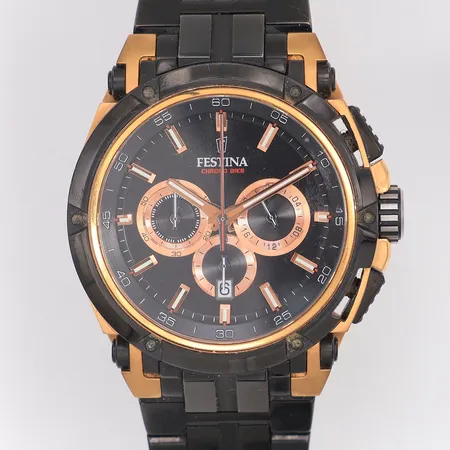 Herrur Festina Chrono Bike Special Edition svart stål roséfärgade detaljer quartz Ø44,2mm, F20329, sapphire glas, original stållänk 16cm, extra armband svart gummi, två extra länkar, batteribyte krävs, box Skickas med postpaket.