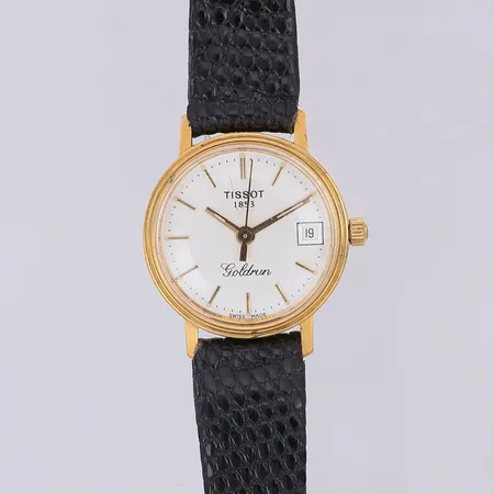 Damur Tissot 1853 Goldrun 18K quartz Ø21,5mm, datum, läderarmband längd 18cm, yrkesgravyr, står still, inga tillbehör