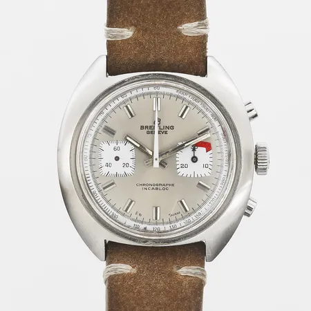 Herrur Breitling Chronographe Incabloc, stål, manuell, Ø 40mm, boett-nr: 15, ref-nr: 93001, sent 60-tal, Cal. Breitling Valjoux 7733, kronograf, tachometer, läderarmband ej original, lös sekundvisare, bruksslitage, inga tillbehör.