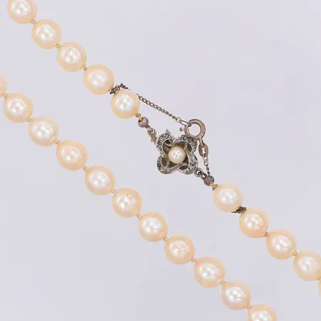 Pärlcollier 42st odlade saltvattenpärlor längd 42cm bredd 8,2mm lås och säkerhetskedja i sliver 830/1000 Vikt: 0 g