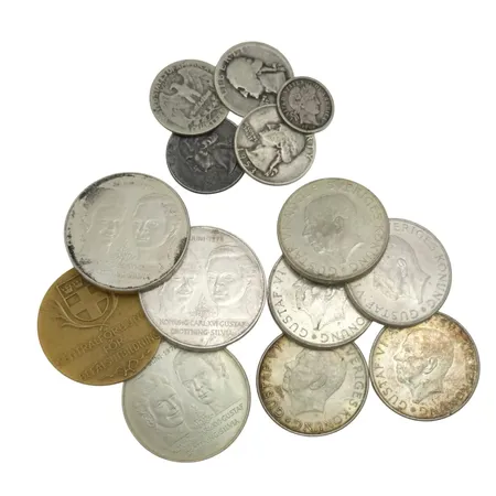 Parti silvermynt 830-925/1000, finvikt cirka 191g Vikt: 191 g